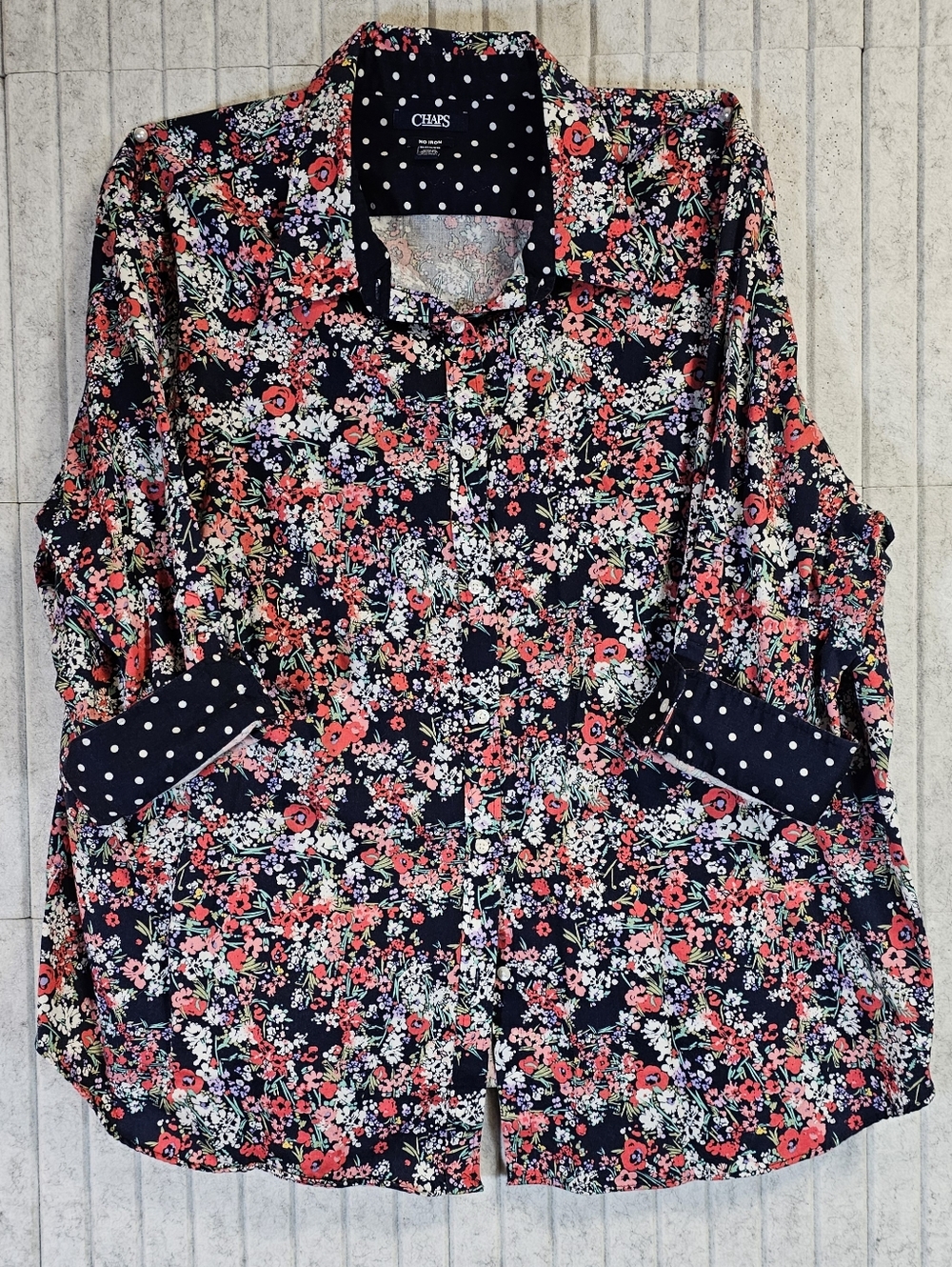 Chaps No Iron Floral Button Down Shirt Womens XL Navy Red Floral Polka Dot Cuffs